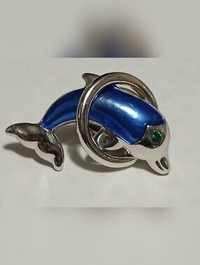 Vintage Dolphin Enamel Brooch lapel Pin Blue Nautical Whimsical Design